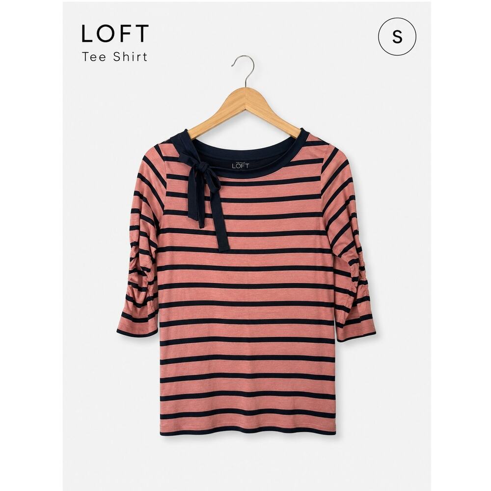 LOFT Medium Pink Navy Stripe Tie Neck Top Ruched Sleeve Cotton Blend Knit Tee